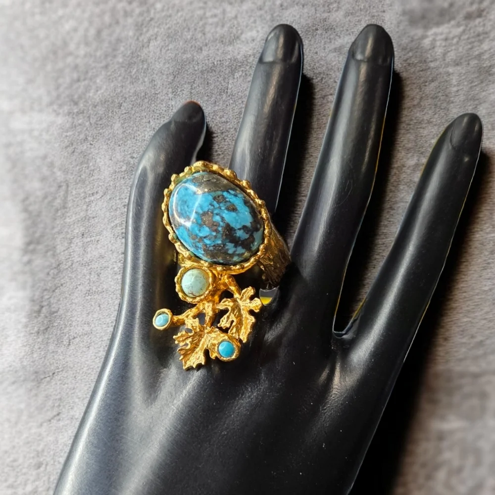 24k Gold Plated Artisan Turquoise Leaf Twig Free Form Massive Statement Ring - Picture 6 of 7